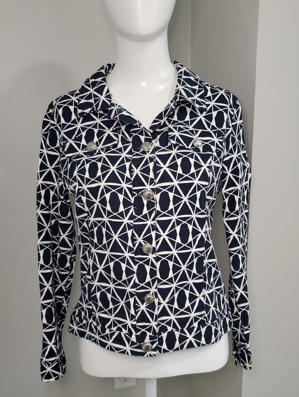 Christopher & Banks Navy and White Geometric Jean Jacket